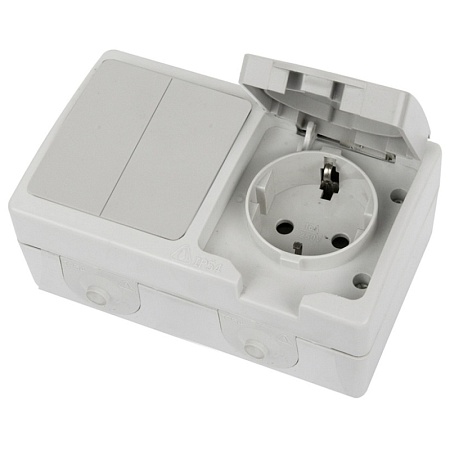 Блок: розетка 1-местная с/з + выключатель 2-клавишный STEKKER, PST16-21-54/10-221-54, белый/серый - фото