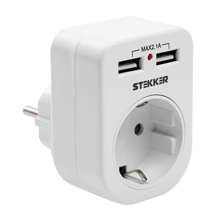 Переходник сетевой с/з c 2 USB 2,1А, STEKKER ADP16-24-20, 250В, 16A, IP20, белый - фото
