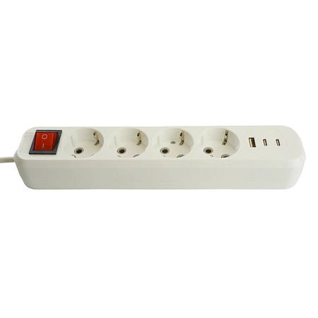 Удлинитель 4-местный с/з с выключ. STEKKER HM071-41-05 3x1мм2, 5м, 250В, 16А, 1USB+2C, 2.4A, сер Home, белый - фото