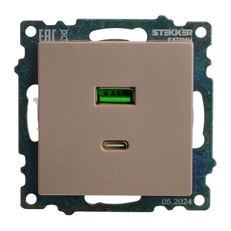 Розетка 2-местная USB + type C (механизм), STEKKER GLS10-7116-02, 250B, 3A, max 20W, серия Катрин, шампань - фото