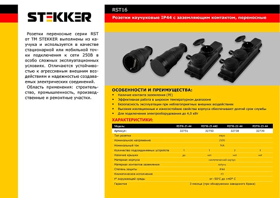 Розетка переносная 2-местная c/з STEKKER, RST16-22-44 (РП 16-232), 250В, 16А, IP44, черный - фото