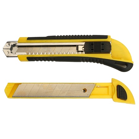 KMU-1 Нож строительно-монтажный Stekker, серии KMU с сегмент.лезвием (5 дополнительных),18 мм, желтый/черный - фото