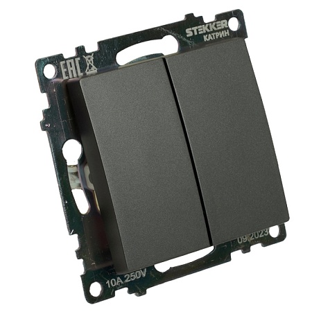 Выключатель 2-клавишный (механизм) 250В, 10А, серия Катрин, графит, GLS10-7104-06 - фото