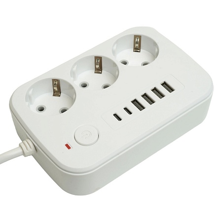 Удлинитель 3-местный c/з 3x1 мм2, 1,8 м, 250В, 10А, 4USB+2Type-C 2,4А, серия Home plus, белый STEKKER HM09-36-02 - фото