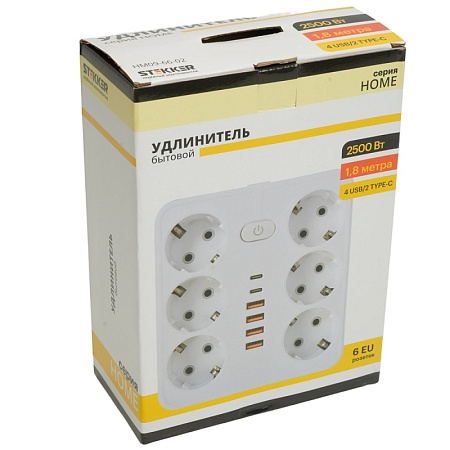 Удлинитель 6-местный c/з 3x1 мм2, 1,8 м, 250В, 10А, 4USB+2Type-C 2,4А, серия Home plus, белый STEKKER HM09-66-02 - фото