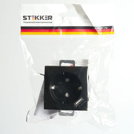 Розетка 1-местная с/з (механизм), STEKKER, PST16-9111-03, 250В, 16А с защ. шторкой и с USB, серия Эрна, черный - фото