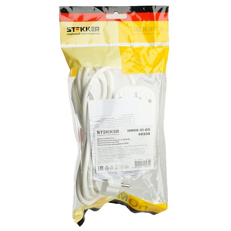 Удлинитель двухместный с/з  STEKKER HM06-21-02 3x1мм2, 2м, серия Home (У10-001), белый - фото