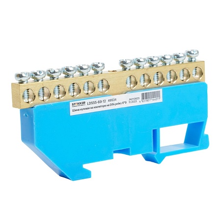 Шина"N" на изоляторе STEKKER 6*9 на DIN-рейку 12 выводов, синий, LD555-69-12 - фото