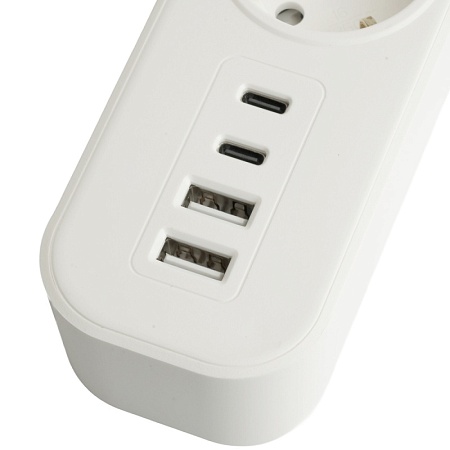 Сетевой фильтр 5-местный с/з STEKKER 3x1мм2, 5 м, 250В, 16А, 2 USB-A+2 Type-C 3, серия Nova, белый - фото