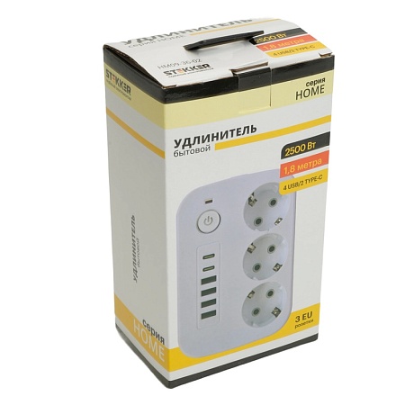Удлинитель 3-местный c/з 3x1 мм2, 1,8 м, 250В, 10А, 4USB+2Type-C 2,4А, серия Home plus, белый STEKKER HM09-36-02 - фото