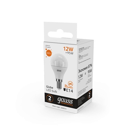 Светодиодная лампа Gauss Шар 12W 880Lm 3000K E14 53112 - фото