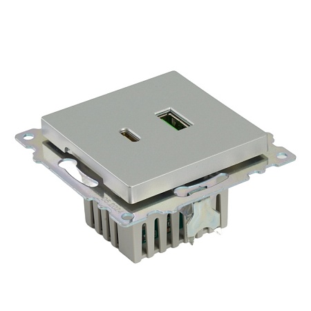 Розетка 2-местная USB + type C (механизм)), STEKKER GLS10-7116-03 , 250B, 3А, max 20W, серия Катрин, серебро - фото