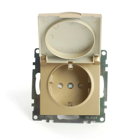 Розетка 1-местная с крышк с защ. штор (механизм) с/з, STEKKER, GLS16-7112-08, 250В, 16А, серия Катрин, золото - фото