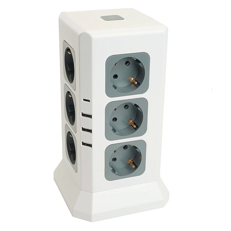Удлинитель 12-местн с/з, 3x1мм2, 1.5 м,250В,16А, 3520Вт 3USB A + 1C 5V 3,4A, белый, серый серия Comfort HM10-61-01 - фото
