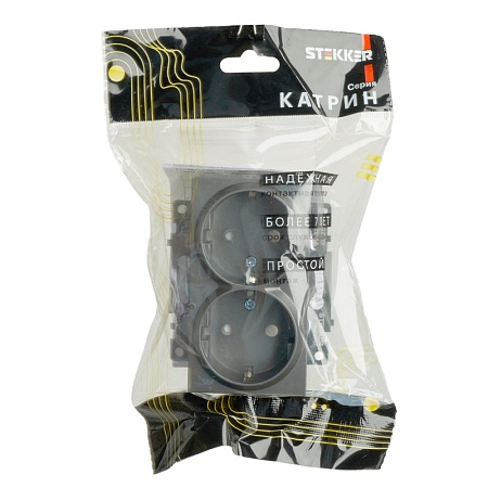 Розетка 2-местная с защитной шторкой (механизм) с/з, 250В, 16А, серия Катрин, графит, GLS16-7114-06 - фото