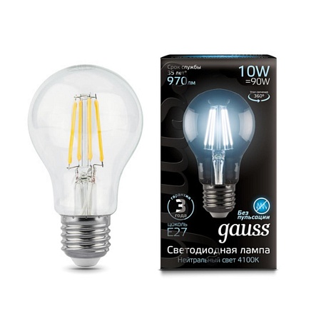 Светодиодная филаментная лампа Gauss A60 10W 970Lm 4100K E27 102802210 - фото