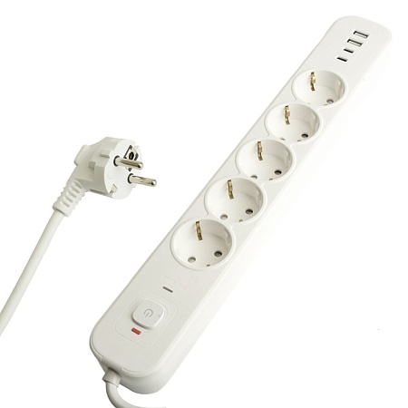 Сетевой фильтр 5-местный с/з STEKKER 3x1мм2, 3 м, 250В, 16А, 2 USB-A+2 Type-C 3, серия Nova, белый - фото