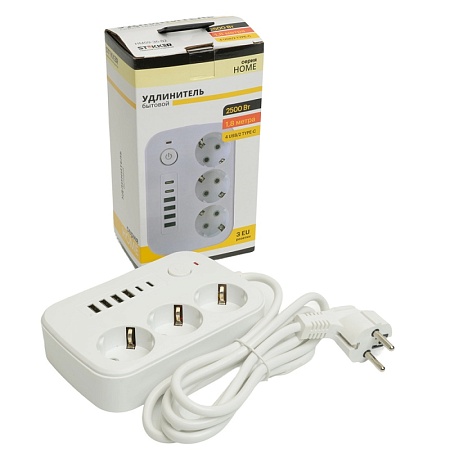 Удлинитель 3-местный c/з 3x1 мм2, 1,8 м, 250В, 10А, 4USB+2Type-C 2,4А, серия Home plus, белый STEKKER HM09-36-02 - фото