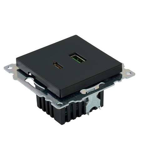 Розетка 2-местная USB + type C (механизм), STEKKER GLS10-7116-05, 250B, 3А, серия Катрин, черный - фото