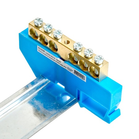 Шина"N" на изоляторе STEKKER 8*12 на DIN-рейку 6 выводов, синий, LD555-812-6 - фото