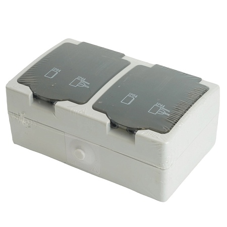 Розетка 2-местная с крышкой с/з STEKKER PST16-12-54, пластик АВS, 250В, 16А, IP54, серый/графит - фото