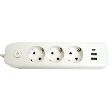 Удлинитель 3-местный c/з 3x1 мм2, 1,8 м, 250В, 10А, 2USB+1Type-C 2,4А, серия Home plus, белый STEKKER HM08-33-02 - фото