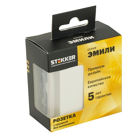 Розетка 1-местная с крышкой с защ. штор, STEKKER, б/з, 250В, 16А, серия Эмили, RST16-5113-01, белый фарфор, soft touch - фото