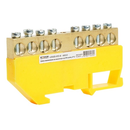 Шина "PE" STEKKER на изоляторе 8*12 на DIN-рейку 8 выводов, желтый, LD555-812-8 - фото