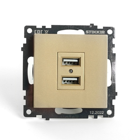 Розетка 2-местная USB (механизм), STEKKER, GLS10-7115-08, 250В, 2,1А, серия Катрин, золото - фото