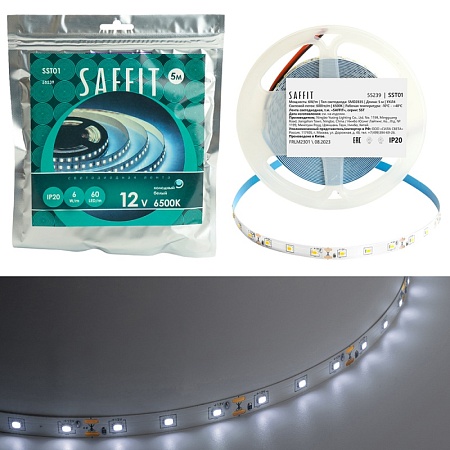 SST01 SAFFIT 60SMD(2835)/m 6Вт/м 12V 5000*8*1.22мм 6500K, IP20 - фото