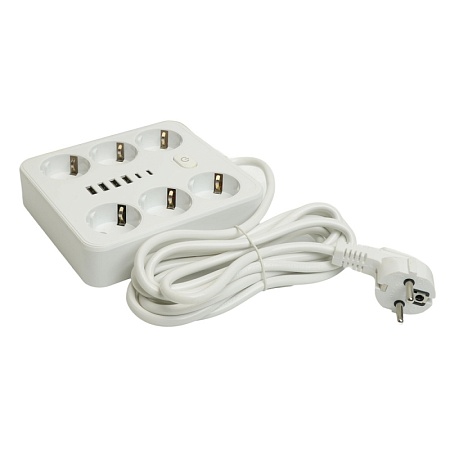 Удлинитель 6-местный c/з 3x1 мм2, 3 м, 250В, 10А, 4USB+2Type-C 2,4А, серия Home plus, белый STEKKER HM09-66-02 - фото