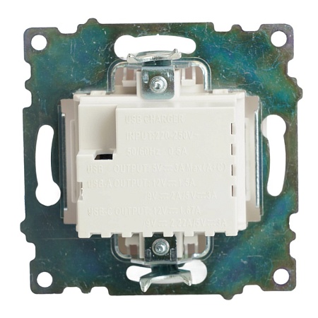 Розетка USB 2-местная + type C (механизм), STEKKER GLS10-7116-01, 250В, 3А, max 20W, серия Катрин, белый - фото