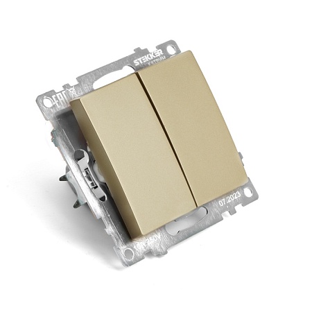 Выключатель 2-клавишный (механизм) STEKKER, GLS10-7104-08, 250В,10А, серия Катрин, золото - фото