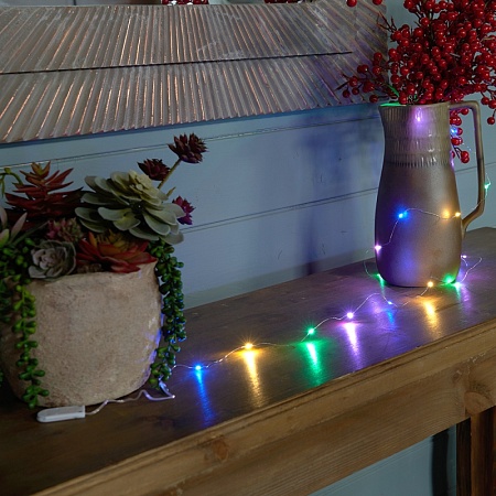 Светодиодная гирлянда Feron CL588 линейная Роса, мультиколор, 2м, с питанием от батареек, прозрачный шнур - фото