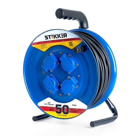 Удлинитель на металлической катушке с/з 4-местный Stekker, PRF02-31-50, 50м, 3*1,5, серия Professional, синий - фото