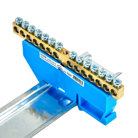 Шина"N" на изоляторе STEKKER 6*9 на DIN-рейку 14 выводов, синий, LD555-69-14 - фото