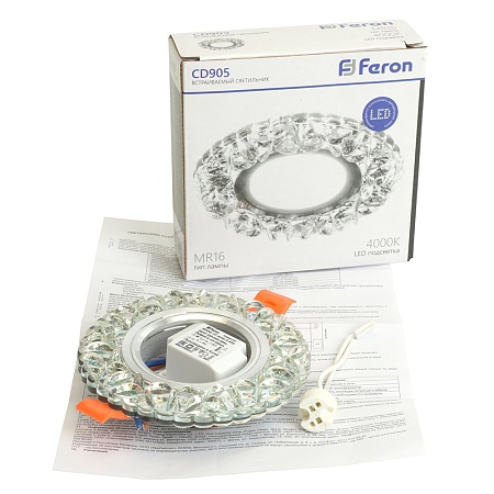 Светильник встраиваемый с белой LED подсветкой Feron CD905 потолочный MR16 G5.3 белый - фото