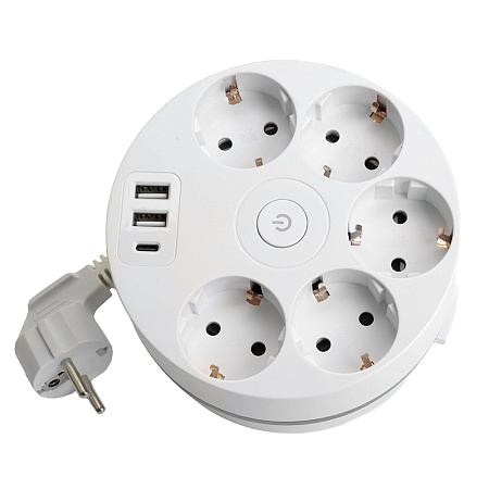 HM10-51-01 Удлинитель 5-местный с/з, 3x1мм2, 2.5м, 250В, 16А, 2USB+С 5V 3,1А, серия Comfort, белый - фото