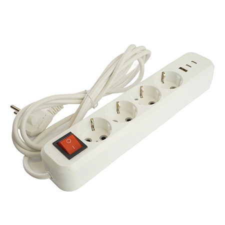 Удлинитель 4-местный с/з с выключ. STEKKER HM071-41-05 3x1мм2, 5м, 250В, 16А, 1USB+2C, 2.4A, сер Home, белый - фото