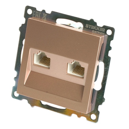 Розетка компьютерная 2-местная RJ-45 (механизм) STEKKER GLS00-7109-02, серия Катрин, шампань - фото