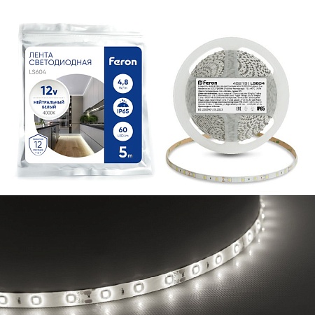 Светодиодная LED лента Feron LS604, 60SMD(2835)/m 4.8W/m 12V IP65 5m, 4000К - фото