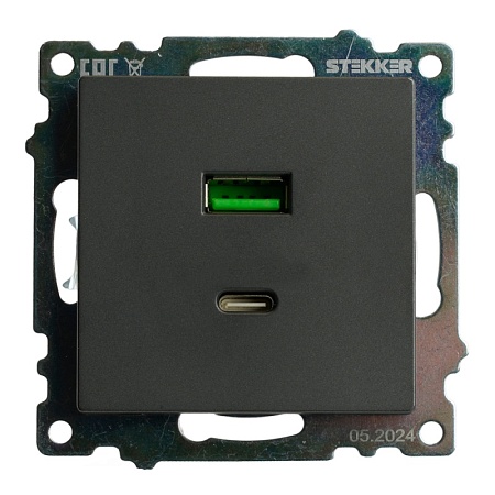 Розетка 2-местная USB + type C (механизм), 250В, 3А, max 20W, серия Катрин, графит, GLS10-7116-06 - фото