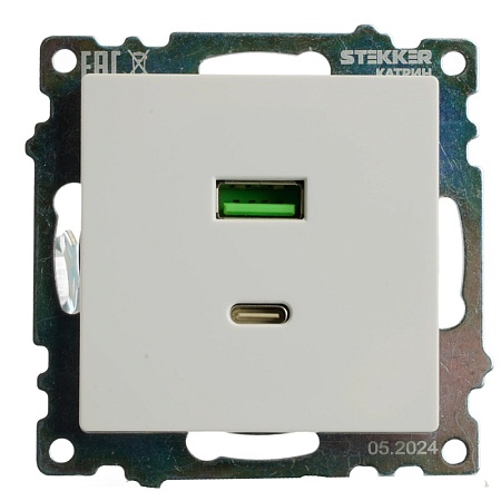 Розетка USB 2-местная + type C (механизм), STEKKER GLS10-7116-01, 250В, 3А, max 20W, серия Катрин, белый - фото