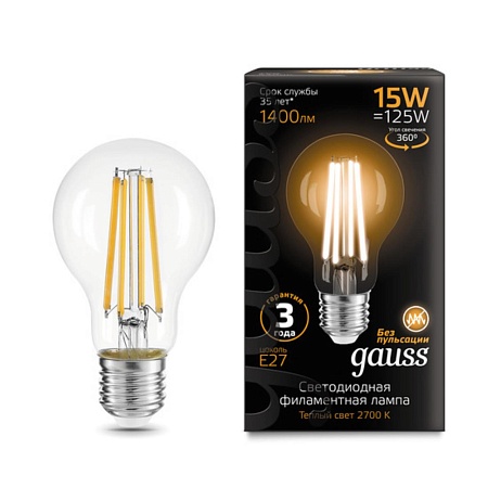 Светодиодная филаментная лампа Gauss A60 15W 1400Lm 2700K E27 102902115 - фото