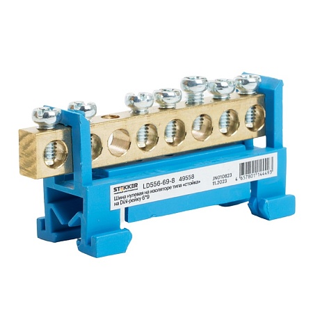 Шина "N" на изоляторе STEKKER 6*9 тип "стойка" на DIN-рейку 8 выводов, синий, LD556-69-8 - фото