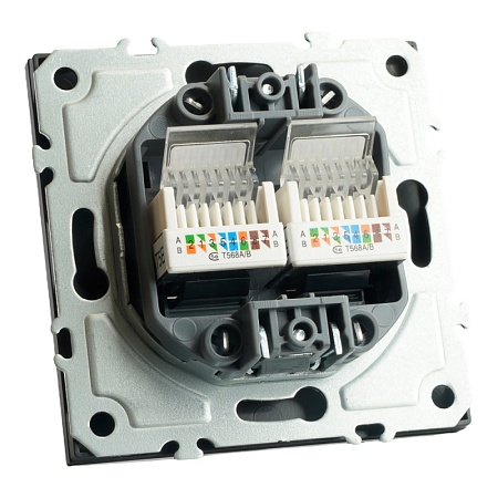 Розетка компьютерная 2-местная RJ-45 (механизм), STEKKER, серия Эмили, RST00-5111-05, черный уголь, soft touch - фото