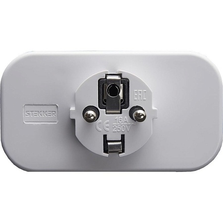 Разветвитель сетевой 2-местный с/з STEKKER ADP16-22-20 250V, 16A, ABS огнеустойчивый пластик, белый - фото