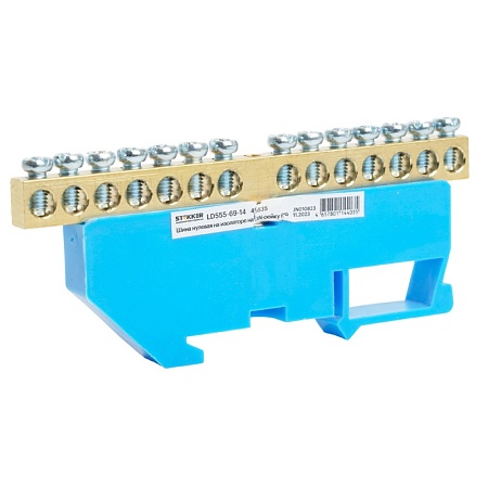 Шина"N" на изоляторе STEKKER 6*9 на DIN-рейку 14 выводов, синий, LD555-69-14 - фото