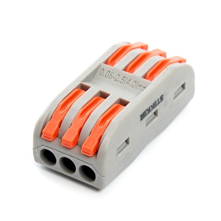 Клемма монтажная д/ подкл. фазн. проводников STEKKER, LD222-423, 3 контактные группы, 1ввод,1вывод на полюс (DIY упак 5 шт) - фото