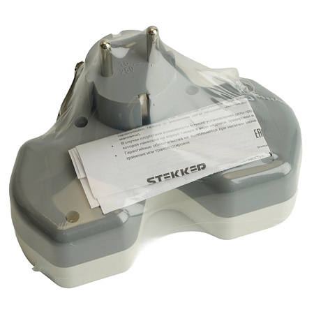 Разветвитель сетевой 2-местный с/з STEKKER ADP16-15-20, 250V, 16A и USB+Type C на 2.4А, белый/серый - фото